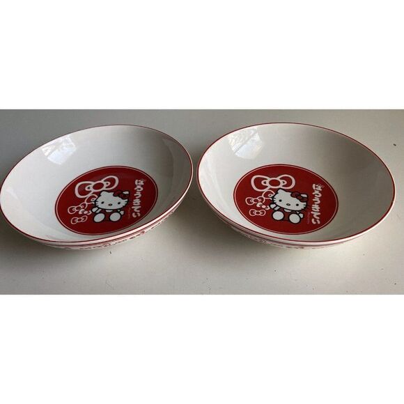 Set Of 2 Sanrio Hello Kitty 9" Ceramic Pasta Dinner Bowls Red Bows NEW - Picture 1 of 11